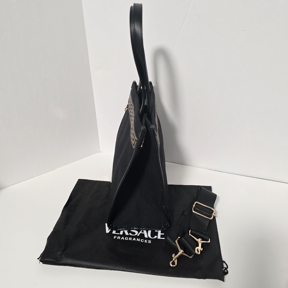Versace Fragrances Engraved Gold Tone Black Canvas Gold Pattern Tote Handbag New - Picture 6 of 16
